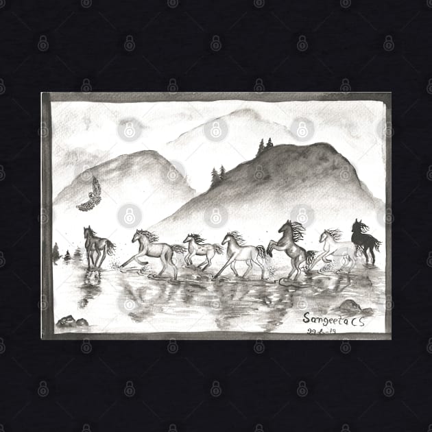 horses galloping across the water monochrome black and white watercolor painting by Sangeetacs